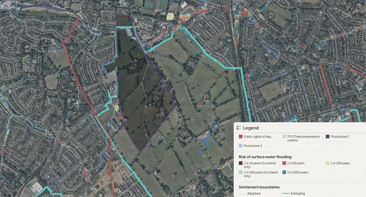 Aerial site analysis: a land parcel outlined in purple among fields and housing, overlaid with settlement boundaries, public rights of way, tree preservation orders and flood risk layers, with a legend
